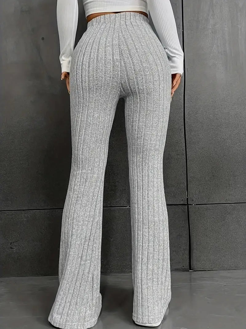 Ribbed Solid Flare Leg High Waist Pants