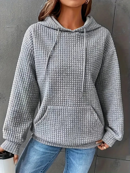 Waffle Grid Kangaroo Pocket Drawstring Hoodies Sweatshirt