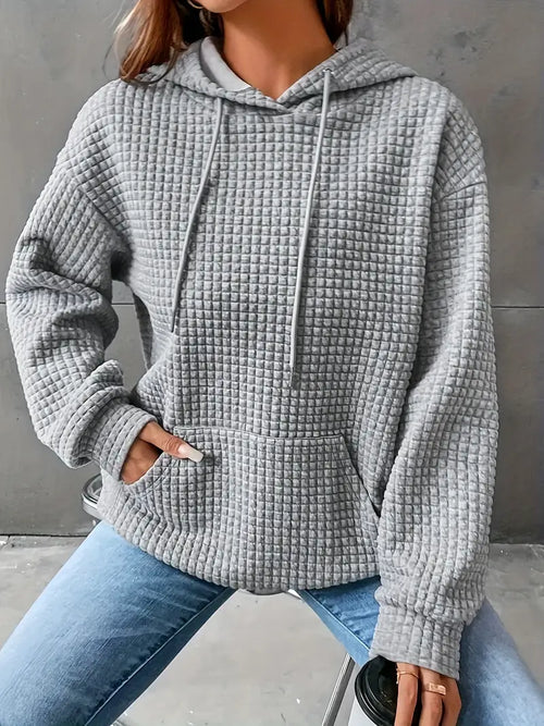 Waffle Grid Kangaroo Pocket Drawstring Hoodies Sweatshirt