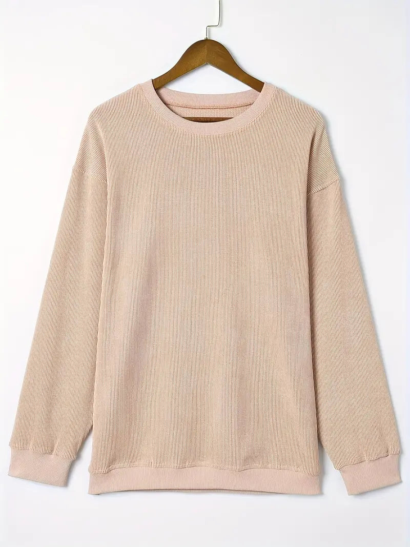 Solid Ribbed Round Neck Pullover Sweatshirt