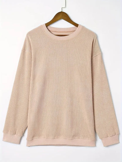 Solid Ribbed Round Neck Pullover Sweatshirt