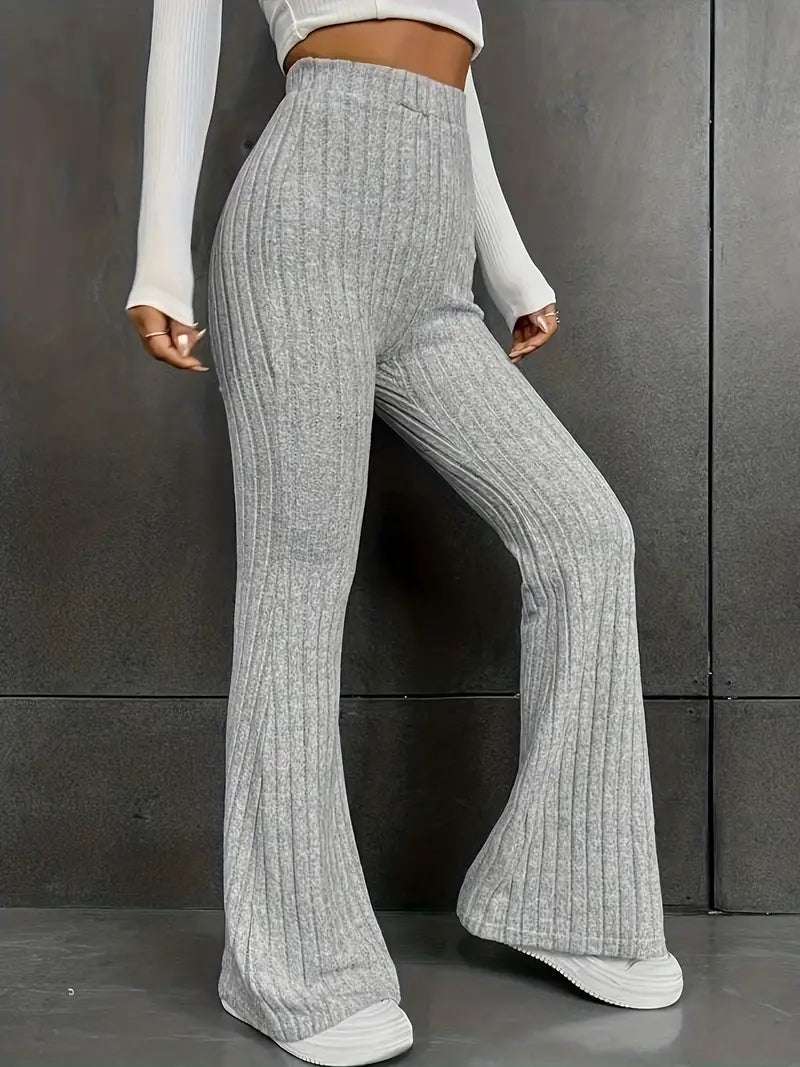 Ribbed Solid Flare Leg High Waist Pants