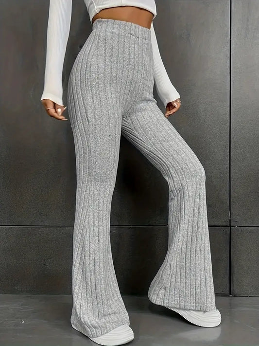 Ribbed Solid Flare Leg High Waist Pants