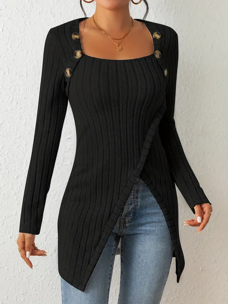 Ribbed Button Decor Asymmetrical Hem T-Shirt