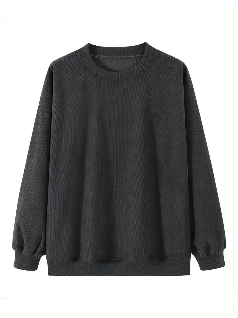 Solid Ribbed Round Neck Pullover Sweatshirt