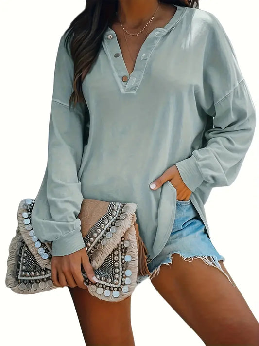 Drop Shoulder Henley Shirt Long Sleeve Casual Top