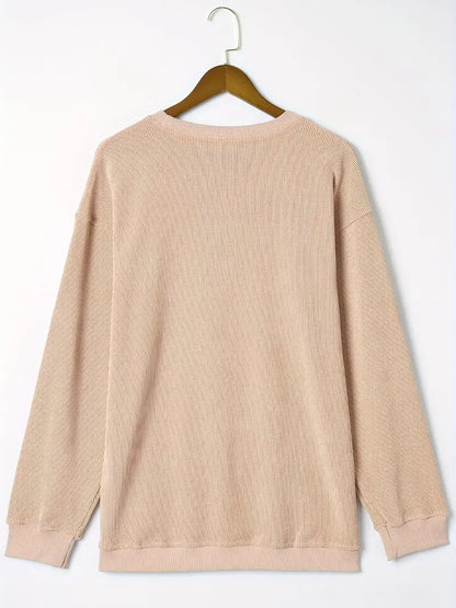 Solid Ribbed Round Neck Pullover Sweatshirt