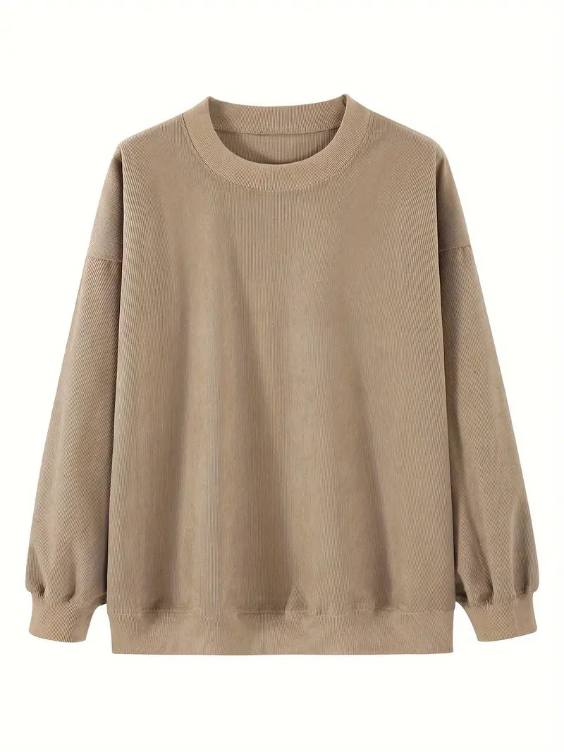 Solid Ribbed Round Neck Pullover Sweatshirt