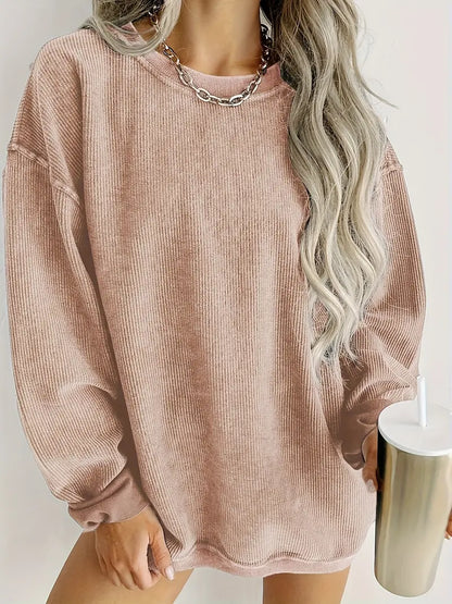 Solid Ribbed Round Neck Pullover Sweatshirt